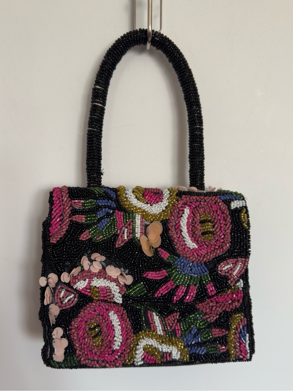 Beaded Floral Mini Top Handle Bag Black Pink Evening Purse